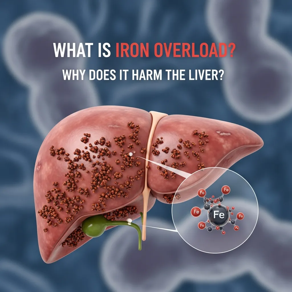Iron overload and liver damage illustration