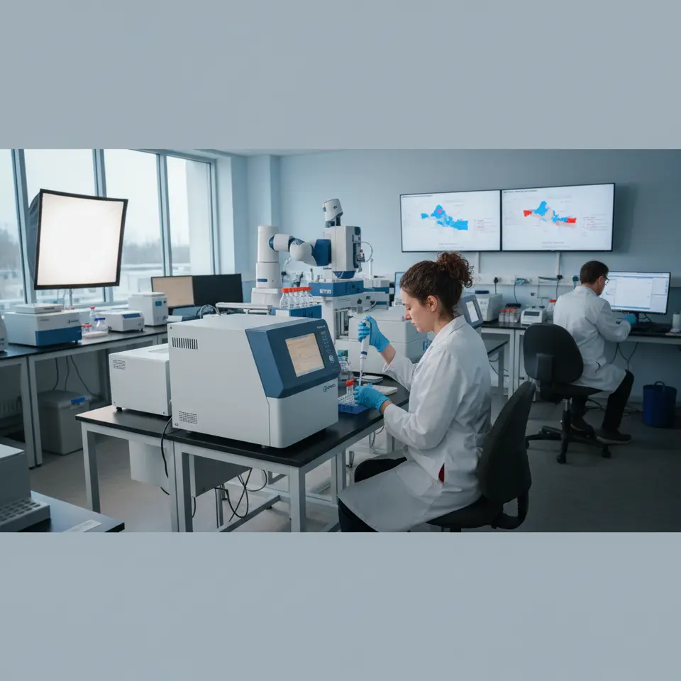 A high-tech molecular diagnostics laboratory scene featuring a next-generation sequencer and MLPA (multiplex ligation-dependent probe amplification) equipment, with computer screens displaying globin gene mutation maps and scientists pipetting samples for precise thalassemia genotyping