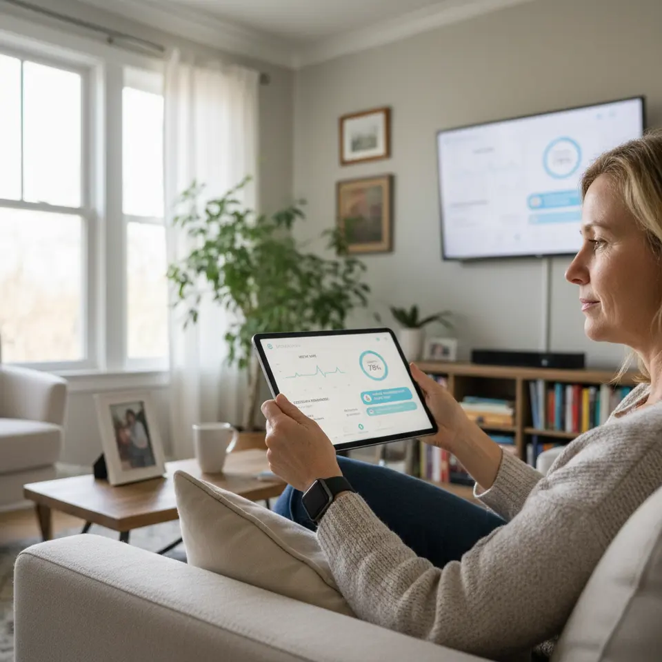 A patient’s living room transformed into a smart health hub: a person wearing a wearable device (smartwatch or biosensor) and consulting via a tablet telemedicine app, with on-screen graphs showing heart rate, iron levels, medication reminders, and secure messaging with their care team