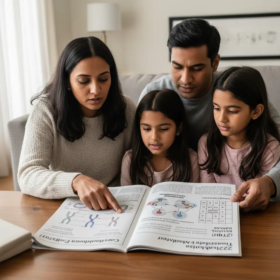 A detailed infographic of thalassemia genetics: show alpha and beta globin gene clusters on chromosomes 16 and 11, diagram of how mutations disrupt hemoglobin chain synthesis, and a Punnett square illustrating carrier parents’ 25% risk of having a child with severe thalassemia major.