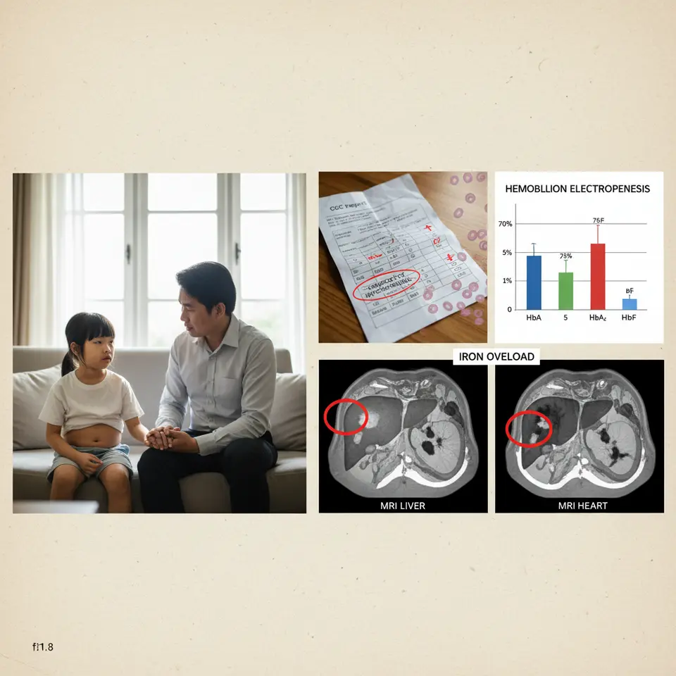 A multi‐panel diagnostic overview for thalassemia: depict a patient with pallor, jaundice, splenomegaly and facial bone changes; a zoom‐in on a CBC report highlighting microcytic, hypochromic red cells; a hemoglobin electrophoresis bar chart (percentages of HbA, HbA2, HbF); and MRI scans of the liver and heart showing iron overload.