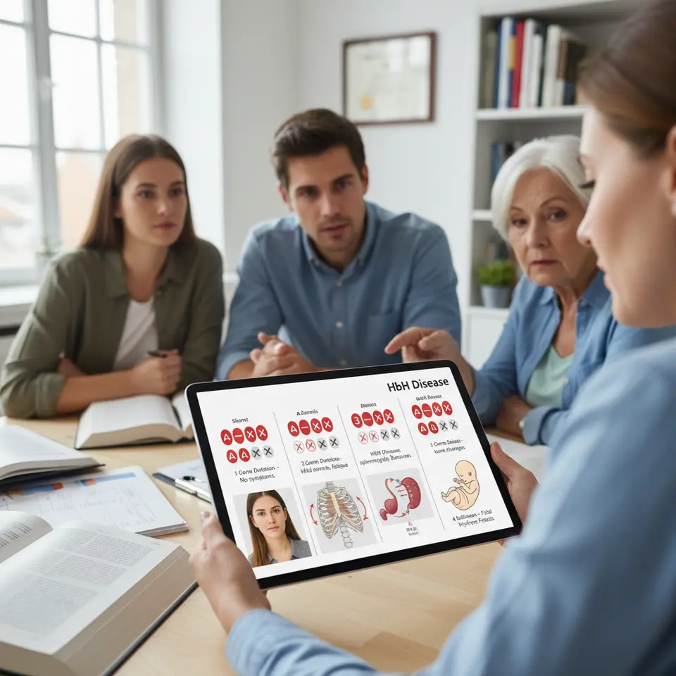 Infographic illustrating the spectrum of alpha thalassemia gene deletions: display four alpha-globin genes with progressively more deletions (one to four), paired with corresponding clinical presentations from silent carrier and mild anemia, through hemoglobin H disease with splenomegaly and bone changes, to fatal hydrops fetalis.