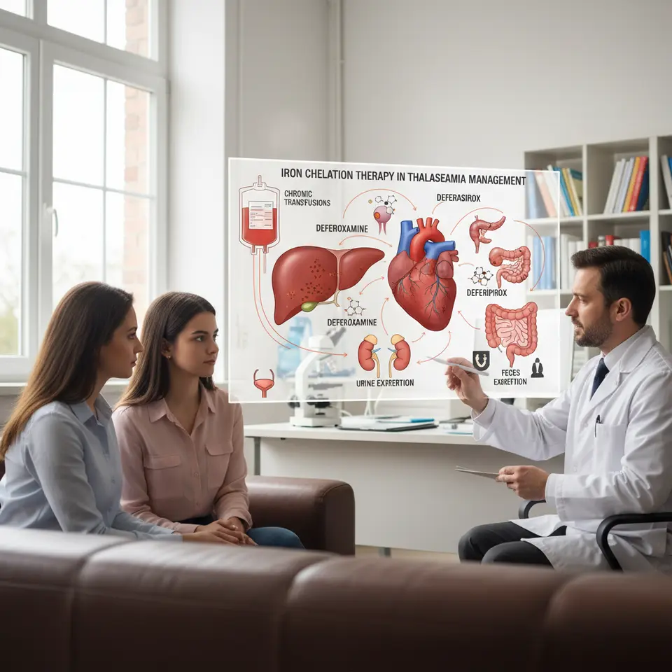 Diagram of iron chelation therapy in thalassemia management: show organs (heart, liver, endocrine glands) overloaded with iron from chronic transfusions, molecules of deferoxamine, deferasirox, and deferiprone binding free iron, and arrows depicting excretion via urine and feces.